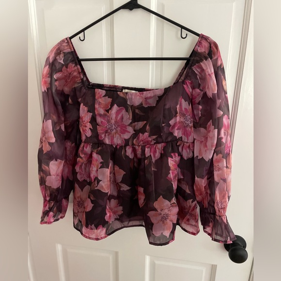 Thirty/Thirty Iridescent Floral Babydoll Puffy Sleeves Ruffle Top Sz Large. - Picture 1 of 10